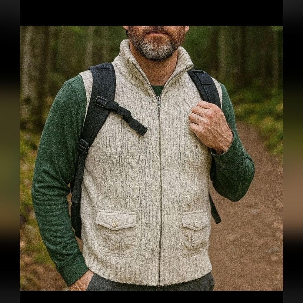 Eddie Bauer Bottleneck Cream Knit Sweater Vest XL Hiking Athleisure Zip Cotton
